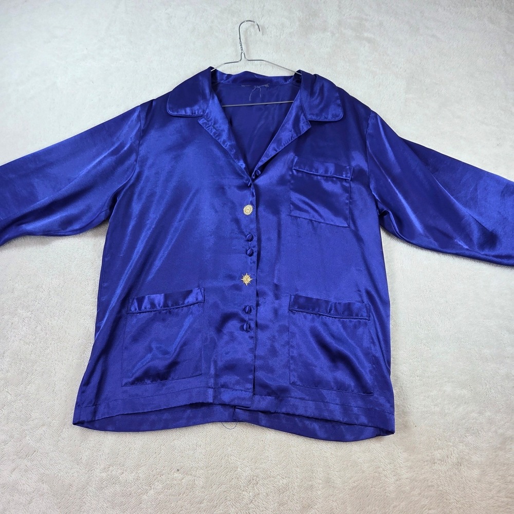 Vintage Royal Blue Satin Celestial Pajama Top Gold Sun Moon Star Embroidery L